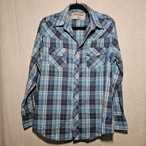 Wrancher By Wrangler Blue Plaid Men Button Down Shirt White Pearl Snap Size L - Picture 1 of 7